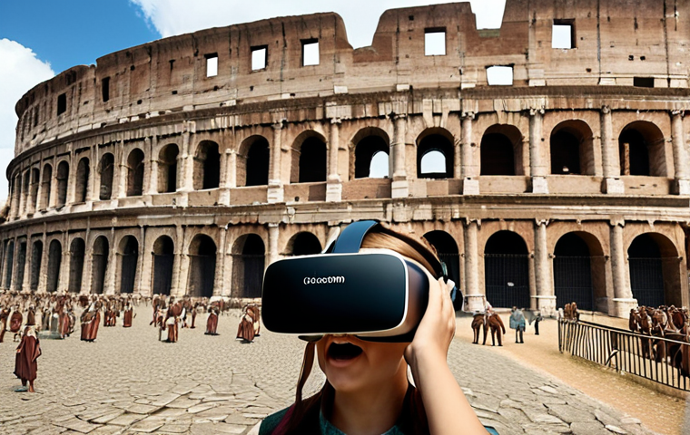 **Interactive historical recreation of the Colosseum in VR. Students are exploring ancient Rome, interacting with historical figures.** (Focus: Immersive narrative, VR, history education)