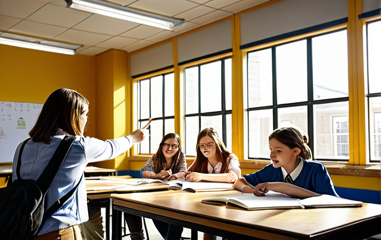 **A vibrant classroom scene with a guest architect showing blueprints to enthralled students. The architect is pointing to details, and the students are actively engaged, sketching in their notebooks. Sunlight streams through a large window, illuminating the collaborative atmosphere. The scene should convey the excitement of practical learning and career inspiration.**