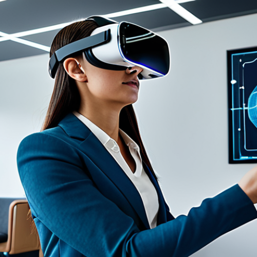 Home 8 A focused professional, fully clothed in modest, contemporary business casual attire, wearing a sleek, modern VR headset. She is engaged in an immersive learning simulation, with subtle, ethereal holographic interfaces and data visualizations floating around her in a clean, futuristic open-plan office setting. The scene emphasizes seamless interaction and advanced technology. The image should convey a sense of effortless learning and overcoming technical barriers. Perfect anatomy, correct proportions, natural pose, well-formed hands, proper finger count, natural body proportions, professional photography, high resolution, soft cinematic lighting, safe for work, appropriate content, professional, fully clothed.