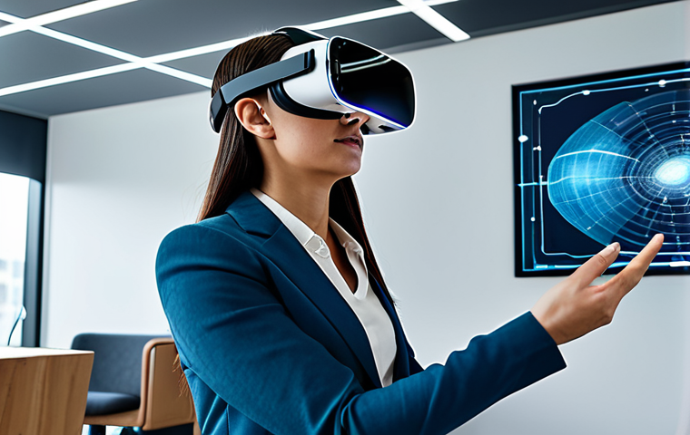 A focused professional, fully clothed in modest, contemporary business casual attire, wearing a sleek, modern VR headset. She is engaged in an immersive learning simulation, with subtle, ethereal holographic interfaces and data visualizations floating around her in a clean, futuristic open-plan office setting. The scene emphasizes seamless interaction and advanced technology. The image should convey a sense of effortless learning and overcoming technical barriers. Perfect anatomy, correct proportions, natural pose, well-formed hands, proper finger count, natural body proportions, professional photography, high resolution, soft cinematic lighting, safe for work, appropriate content, professional, fully clothed.